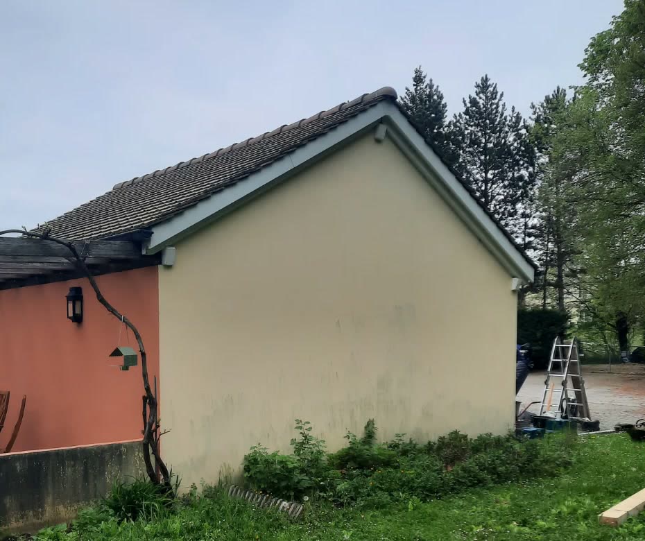 Façade avant les travaux : pelouse en friche le long du mur